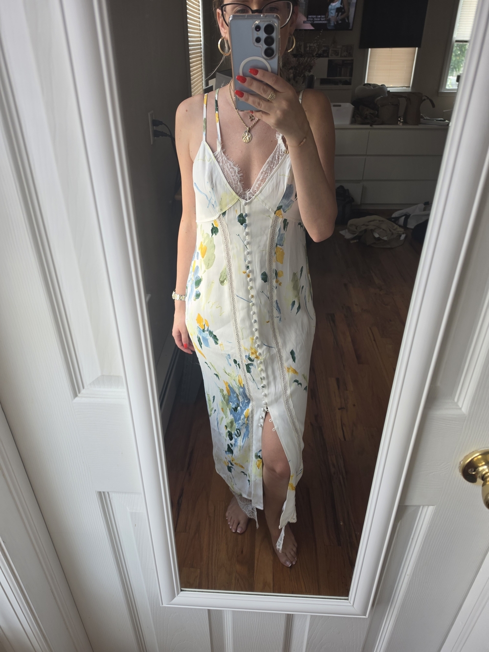 Anthropologie White Floral Lace-Trim Slip Maxi Dress
